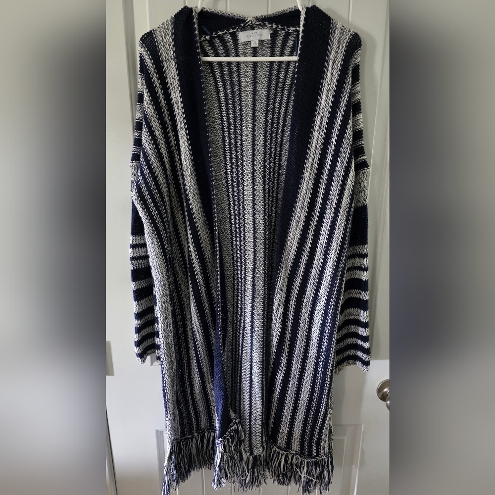 New Directions Boho Fringe Navy and White Striped Cardigan Oversized Small NWOT